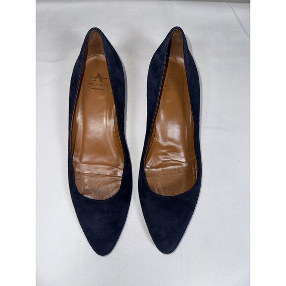 Aquatalia Pasha Size 8.5 Navy Blue Suede Block High Heel Pumps Pointy Toe Shoes - Picture 2 of 11